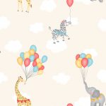 Papel Infantil con dibujos de animales y globos en amarillo