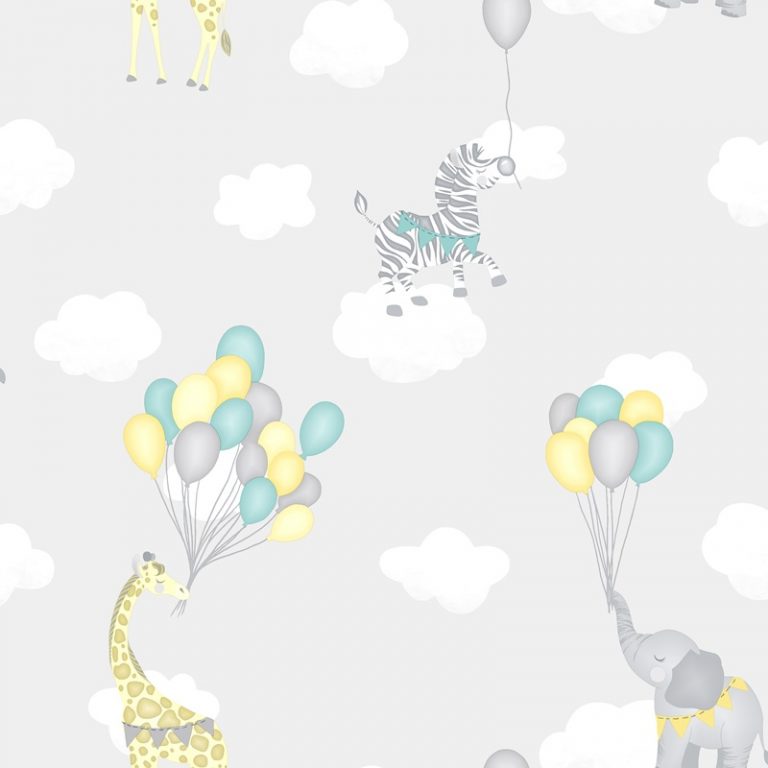 Papel Infantil con dibujos de animales y globos en gris-10