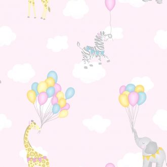 Papel Infantil con dibujos de animales y globos en rosa-10