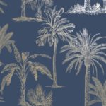 Papel pintado azul con palmeras